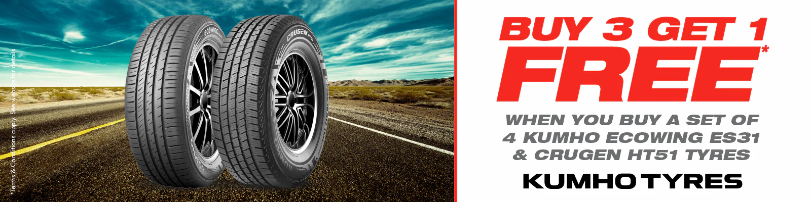 Buy 3 Kumho EcoWing or Crugen HT51 Tyres and get the 4th FREE!*